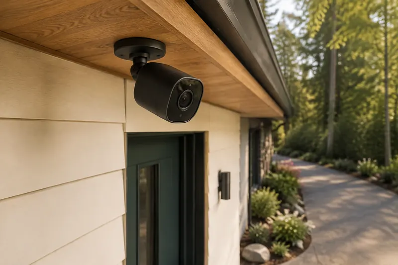 A charcoal outdoor security camera mounted under an oak eave above a driveway.