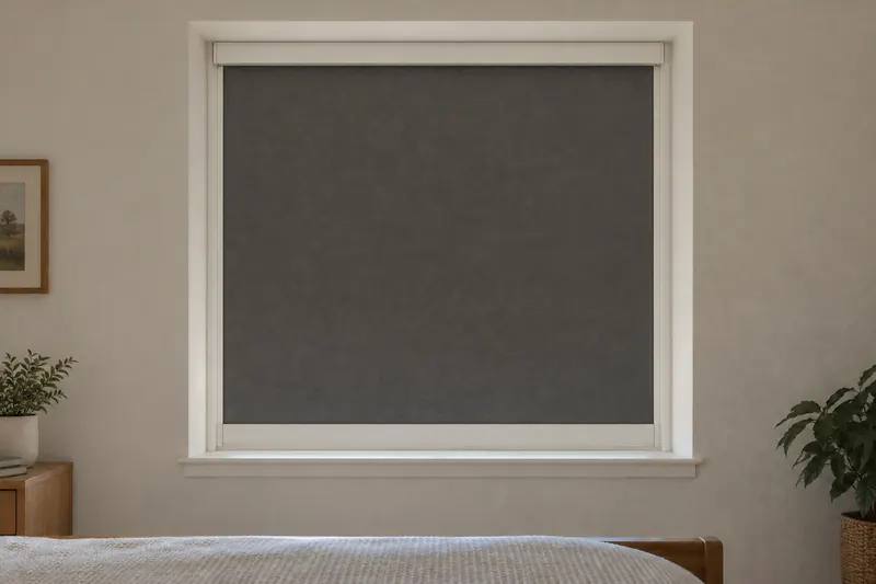 The same generic bedroom window with ivory side and bottom channels and a top housing covering the shade's edge gaps.