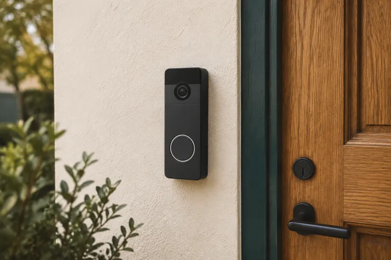 A charcoal video doorbell mounted beside an oak front door with forest teal trim.