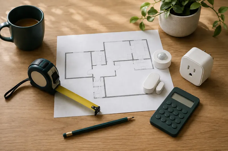 Unlabeled home floor plan with a calculator, tape measure, and smart home devices.