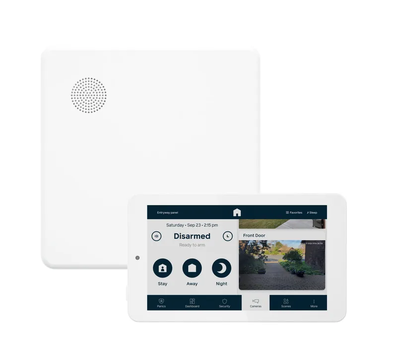 Cove touchscreen alarm panel displaying system controls and live video, positioned in front of its white hub.