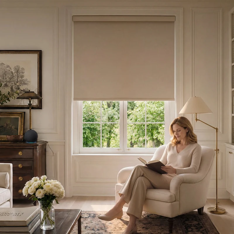 A neutral Graywind blackout fabric roller shade partially lowered over a living-room window beside an armchair.