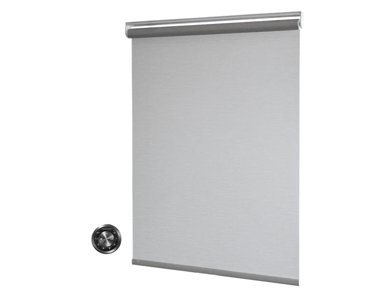 A gray Norman Soluna motorized roller shade with its round black SmartDial control on a white background.