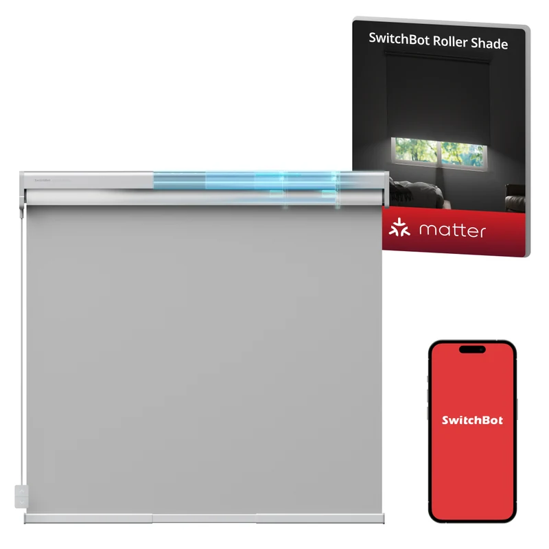 Gray SwitchBot Roller Shade with its wired up-and-down controller, a phone showing the SwitchBot logo and a Matter promotion inset.